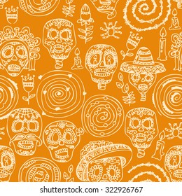 Seamless Pattern For Day Of The Dead Skull. Woman With Calavera Makeup. Dia De Los Muertos Text In Spanish.