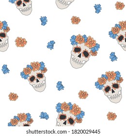 Seamless pattern for the Day of The Dead with skulls and marigolds