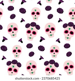 Seamless pattern to Day of the Dead of Sugar Skull and flowers. Dia de los muertos. Mexico. Isolate