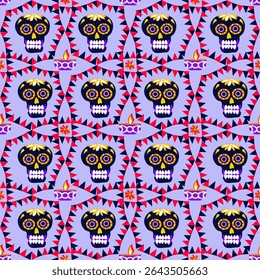 padrão sem costura Dia de crânio de açúcar morto Dia de los Muertos sobre fundo púrpura vetor papel de parede tecido giftwrap têxtil
