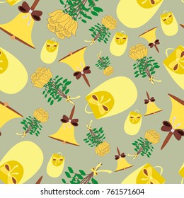 seamless pattern "day of knowledge", consisting of a bell, bouquet and school portfolio.