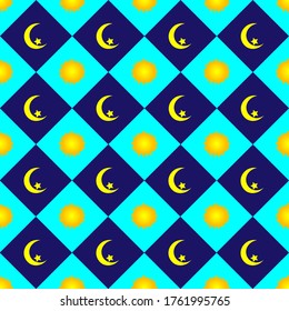 Seamless pattern day and night. Moon, stars, sun on a blue background in rhombuses.