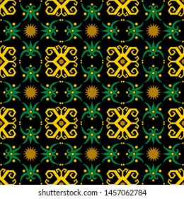 Seamless pattern of dayak batik. borneo motif style. luxury yellow color. vector design inspiration. green