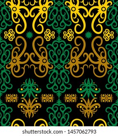 Seamless pattern of dayak batik. borneo motif style. luxury yellow color. vector design inspiration. green