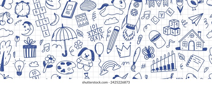 Seamless pattern with daycare doodle elements. Unicorn, hopscotch, toys, crown, umbrella, house, tree and other elements. Scribbled with chalk texture.