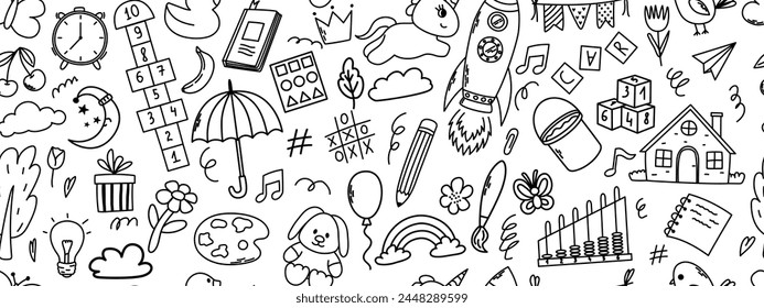 Seamless pattern with daycare doodle elements. Unicorn, hopscotch, toys, crown, umbrella, house, tree and other elements.