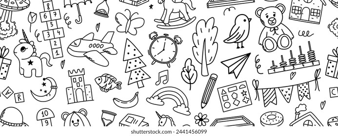 Seamless pattern with daycare doodle. Hopscotch, toys, flower, umbrella, house, book and other elements.