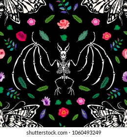 Seamless pattern. Dead head butterflies and skeletons of bats among flowers. ?lack background. Great for tattoo or print on a T-shirt. Ideal for decoration of Halloween and the Day of the Dead.