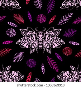Seamless pattern. Dead head butterfly in the garden. Moth among flowers and leaves. Great for tattoo or print on a T-shirt. Ideal for decoration of Halloween and the Day of the Dead.