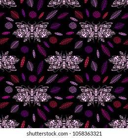 Seamless pattern. Dead head butterfly. Moth among flowers and leaves. Great for tattoo or print on a T-shirt. Ideal for decoration of Halloween and the Day of the Dead.