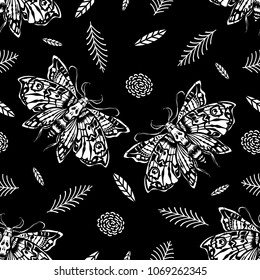 Seamless pattern. Dead head butterfly among flowers and leaves. Great for tattoo or print on a T-shirt. Ideal for decoration of Halloween and the Day of the Dead.