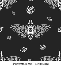 Seamless pattern. Dead head butterfly. Moth isolated on a black background. Great for tattoo, print on a T-shirt, for Halloween and more.