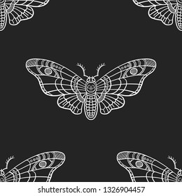 Seamless pattern. Dead head butterfly. Night insects. Moth on a black background. Great for tattoo, print on a T-shirt, for decoration of Halloween and more.