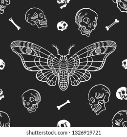 Seamless pattern. Dead head butterfly. Moth among skulls and bones on a black background. Hand drawn illustration. Great for tattoo, print on a T-shirt, for decoration of Halloween and more.