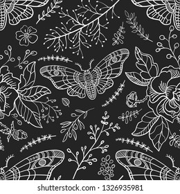 Seamless pattern. Dead head butterfly. Night garden. Moth among flowers on a black background. Hand drawn illustration. Great for Halloween.