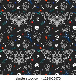 Seamless pattern. Dead head butterfly in night garden. Beautiful wildflowers. Moth among flowers and skulls isolated on a black background. Great for Halloween.