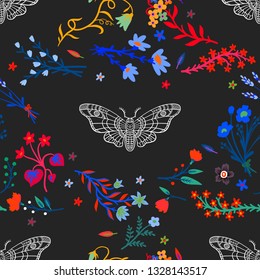 Seamless pattern. Dead head butterfly in night garden. Beautiful wildflowers. Moth among flowers. Hand drawn illustration for Halloween and more.