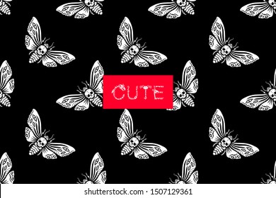 Seamless pattern. Dead head hawkmoth. Halloween alphabet. The word "cute" is made of skulls and bones. Gothic font. Great for greeting cards, T-shirts and more. Happy Halloween!