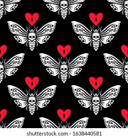 Seamless pattern. Dead head hawkmoth. Night moth with skull. Butterfly in love. Isolated on black background. Illustration for Halloween. Also great for Valentine's Day.