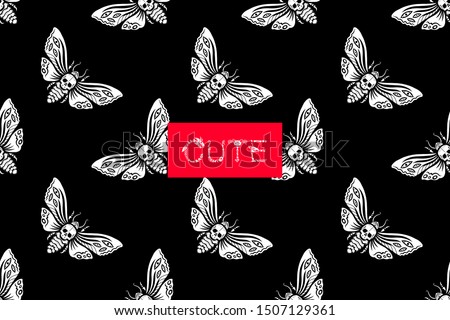 Seamless pattern. Dead head hawkmoth. Halloween alphabet. The word "cute" is made of skulls and bones. Gothic font. Great for greeting cards, T-shirts and more. Happy Halloween!