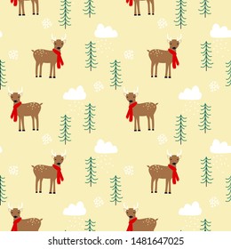 Seamless pattern with dear and Cgristmas tree. Cute cartoon  in scandinavian style.Art can be used for holiday packing, christmas invitation.