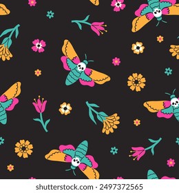 Seamless pattern with death's head butterflies and flowers on a dark background. Vector graphics