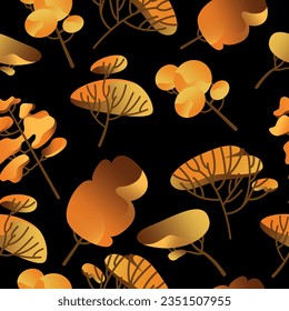 Seamless pattern of deciduous and evergreen forest plants. Botanical set of bare trees yellow, green, autumn, fall and ones with leaves and lush crowns. Flat vector illustration isolated on background
