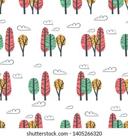 Seamless pattern of deciduous forest on white background. Sketch style. Repeating texture. Figure for textiles.