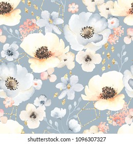 Seamless pattern with decor golden texture and flowers in vintage watercolor style. Vector floral illustration on pastel blue background.