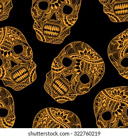 Seamless pattern with Decorate Skull painted ornament orange on black  for decorated clothes or party of Halloween or different things