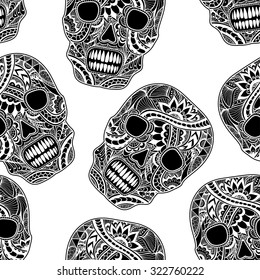 Seamless pattern with Decorate Skull painted ornament black on white for decorated clothes or party of Halloween or different things