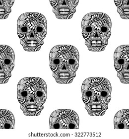 Seamless pattern with Decorate Skull painted ornament black on white  for decorated clothes or party of Halloween or different things