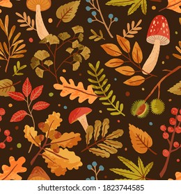 Seamless pattern decorated with autumn leaves, forest mushrooms and tree branches. Repeatable seasonal background with chestnut, berries, acorn and foliage. Flat vector illustration of rowanberries