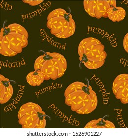 Seamless pattern with decorated carved flowers pumpkin and the words pumpkin