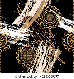 Seamless pattern decorated with chains and pearls.