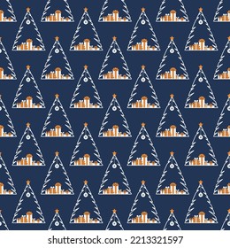 Seamless pattern with decorated Christmas tree. Balls and gifts. Festive flat style design for packaging and print. Vector.