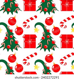 Seamless pattern, decorated Christmas tree, gift boxes, candies on a white background. Print, textile, vector