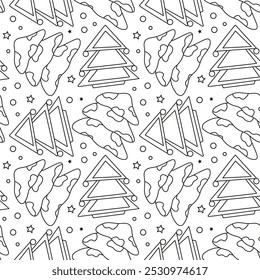 Seamless pattern with decorated Christmas tree in doodle style. Geometric trees for New Year and Christmas. Festive background with pines and firs. Image for packaging, textiles and wallpaper.