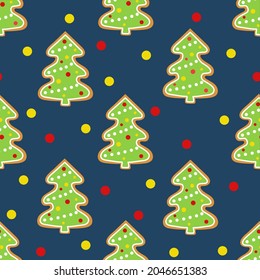 Seamless pattern with decorated Christmas trees on a night blue background. Christmas trees with garlands and balls. Template for wrapping gifts, paper, wallpaper and fabric.