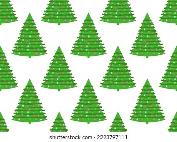 Nahtloses Muster mit verzierten Weihnachtsbäumen auf weißem Hintergrund. Weihnachtsbaum mit Weihnachtsbällen geschmückt. Festliches Design für Grußkarten, Einladungen und Banner. Vektorgrafik