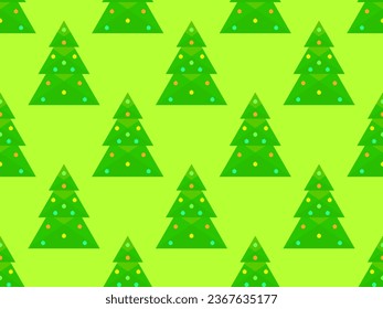 Seamless pattern with decorated Christmas trees on a green background. Christmas tree decorated with Christmas balls. Festive design for greeting cards, invitations and banners. Vector illustration