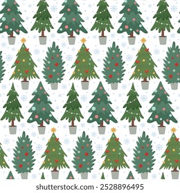 Seamless pattern with decorated Christmas trees and snowflakes. Cute holiday background 