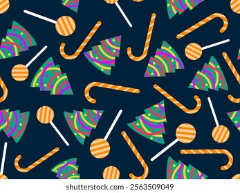 Seamless pattern with decorated Christmas trees and candy canes. Christmas tree decorated with garland, Christmas balls and festive sweets and lollipops. Symbol of the New Year. Vector illustration