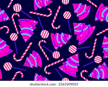 Seamless pattern with decorated Christmas trees and candy canes. Christmas tree decorated with garland, Christmas balls and festive sweets and lollipops. Symbol of the New Year. Vector illustration