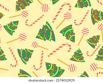 Seamless pattern with decorated Christmas trees and candy canes. Christmas tree decorated with garland, Christmas balls and festive sweets and lollipops. Symbol of the New Year. Vector illustration