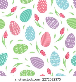 Seamless pattern with decorated  colored eggs and tulips. Holiday background Happy Easter vector illustration Design web wrapping textile print fabric