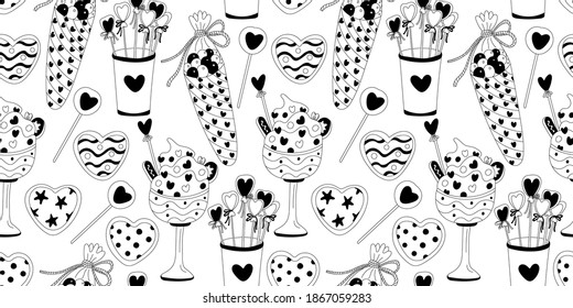 Patrón sin foco decorado con postres, caramelos y dulces. Decoración de San Valentín. Excelente para telas, papel de envoltura, papel pintado, cubiertas. Esquema negro de ilustración de estilo Doodle.