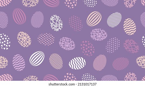 Seamless pattern with decorated Easter eggs on lilac background. Vector texture with simple geometric egg design. Abstract wallpaper for spring holiday