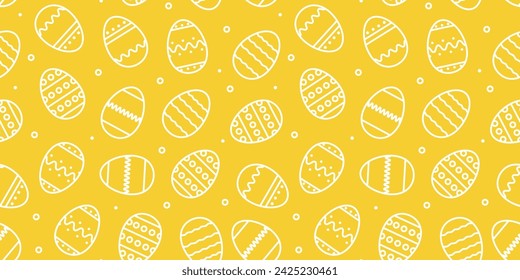 Seamless pattern of Decorated Easter eggs on yellow background. Easter background for banners, textiles, paper, scrapbooking, wallpaper, wrappers. Festive decoration, Easter. Vector illustration