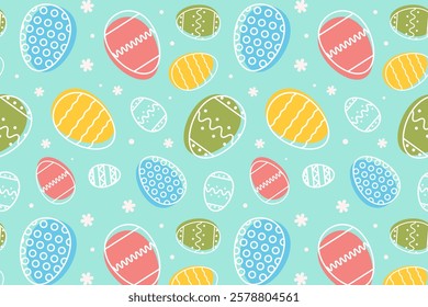 Seamless pattern of Decorated Easter eggs on bright blue background. background for banners, textiles, paper, scrapbooking, wallpaper, wrappers. Festive decoration, Easter. Vector illustration